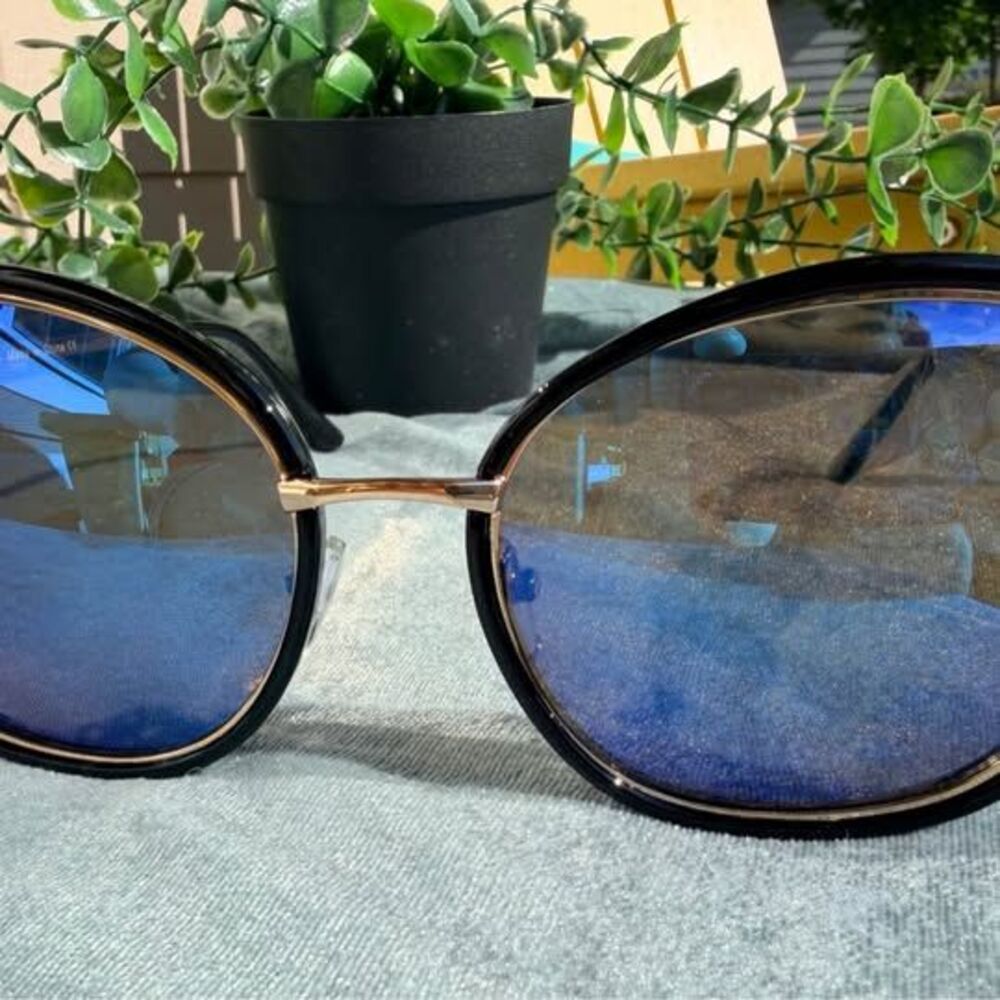 Oversized Blue Mirror Butterfly Sunglasses | Black & Gold Frames